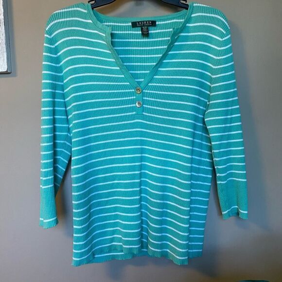 Ralph Lauren Sweaters - Women’s Medium Teal & White Striped Ralph Lauren 3/4 Sleeve Sweater